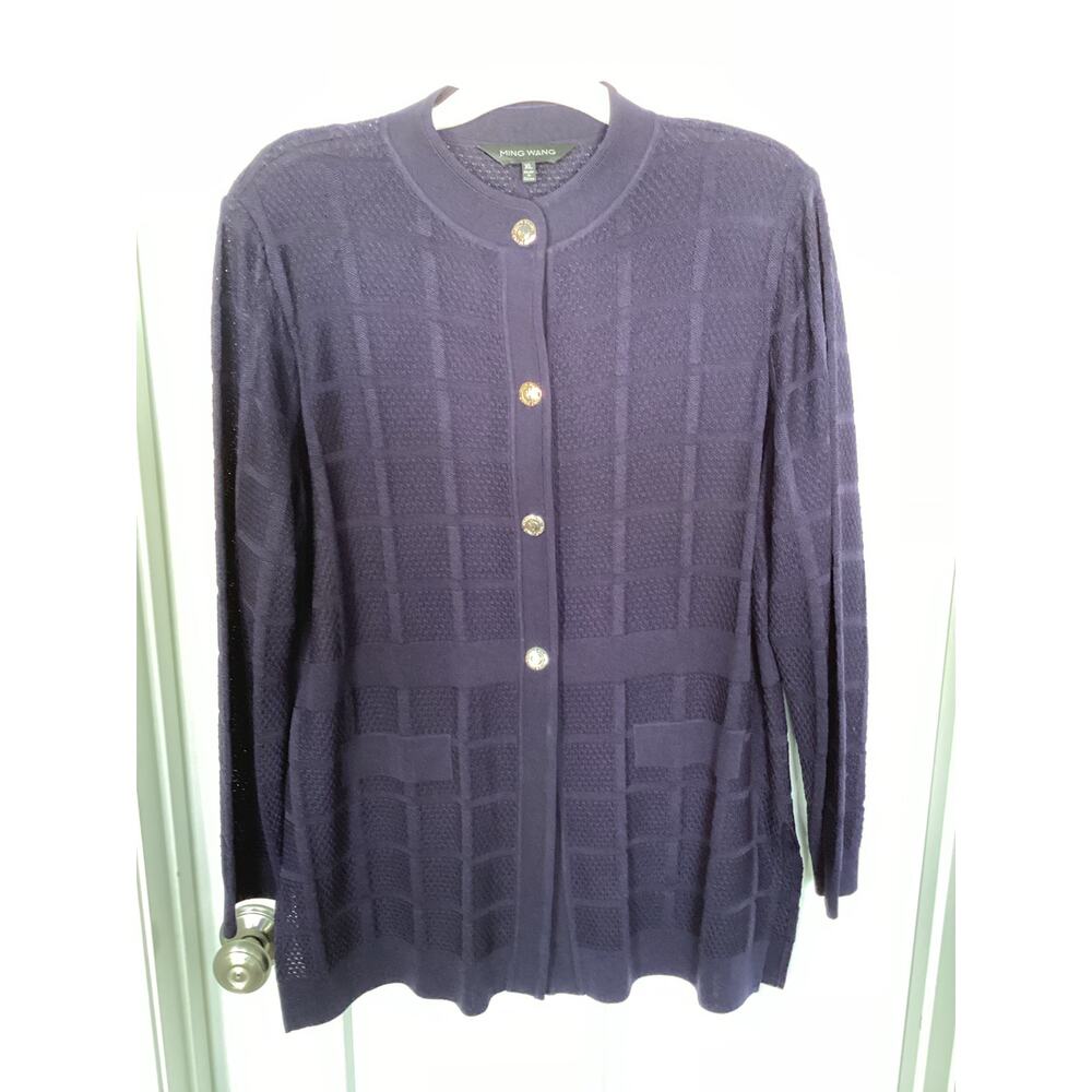 Ming Wang Women's Long Sleeve Knit Windowpane Button Front Jacket Blue Size XL‎